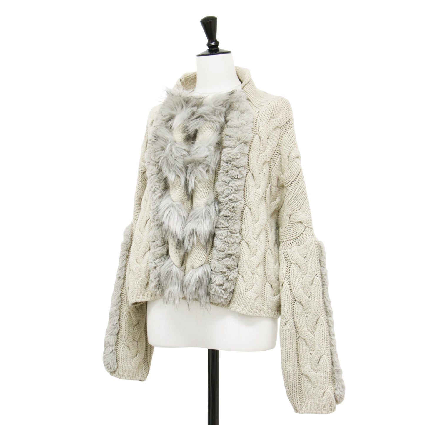 VINTAGE ファー クロップド ケーブルニット / BRAID FUR KNIT プルオーバー 長袖 ハイネック ドロップショルダー ウール