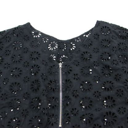 カットワーク 花柄 刺繍 ハーフジップ ワンピース / ドレス フレンチスリーブ ミモレ丈 フレア ギャザー コットン