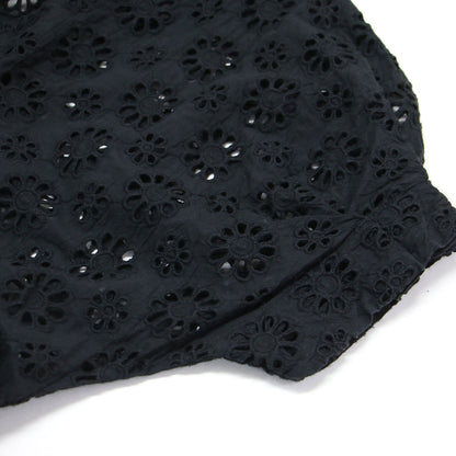 カットワーク 花柄 刺繍 ハーフジップ ワンピース / ドレス フレンチスリーブ ミモレ丈 フレア ギャザー コットン
