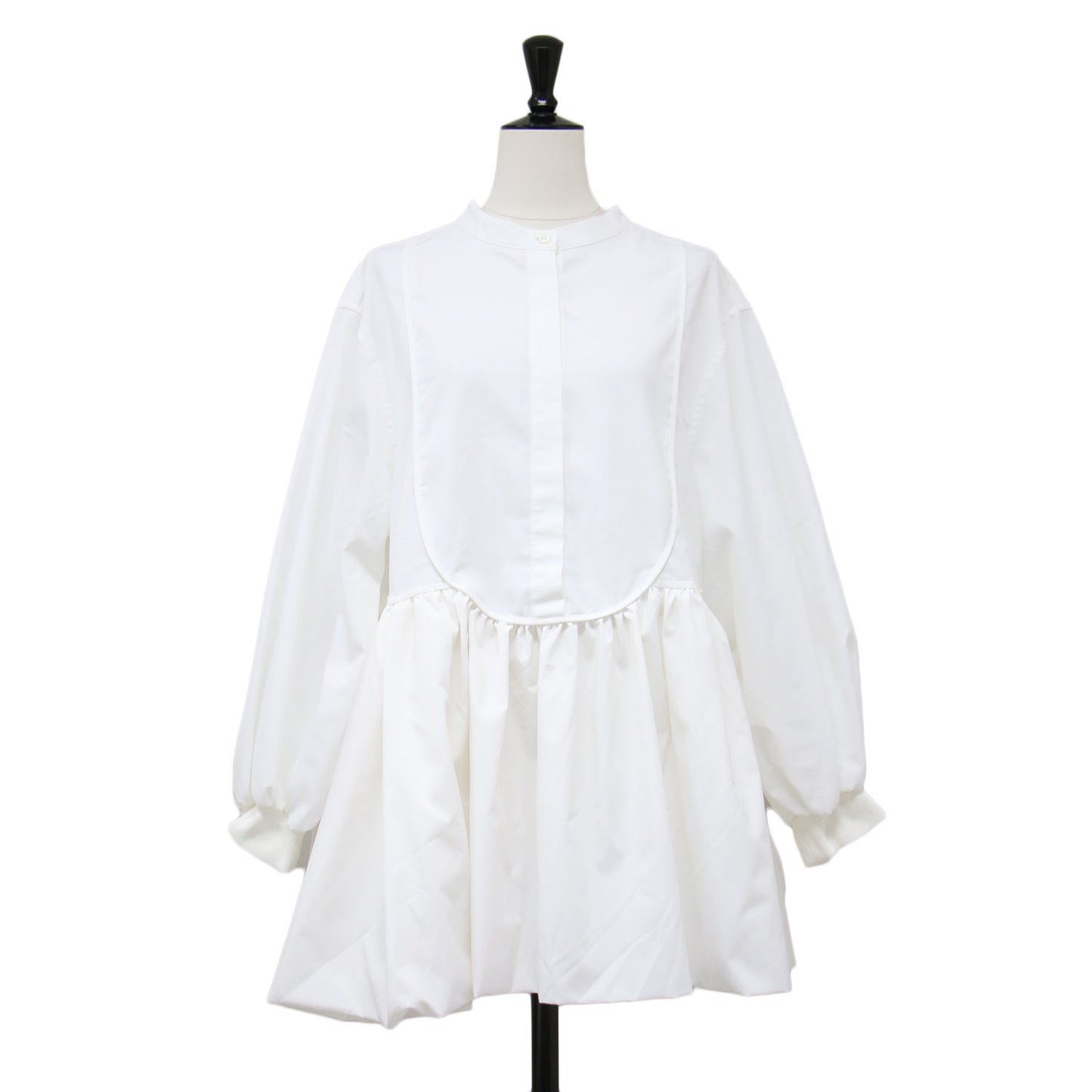 22秋冬 ノーカラー バルーン シャツブラウス / docking balloon shirt tunic チュニック 長袖 フレア タック ギャザー