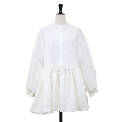22秋冬 ノーカラー バルーン シャツブラウス / docking balloon shirt tunic チュニック 長袖 フレア タック ギャザー