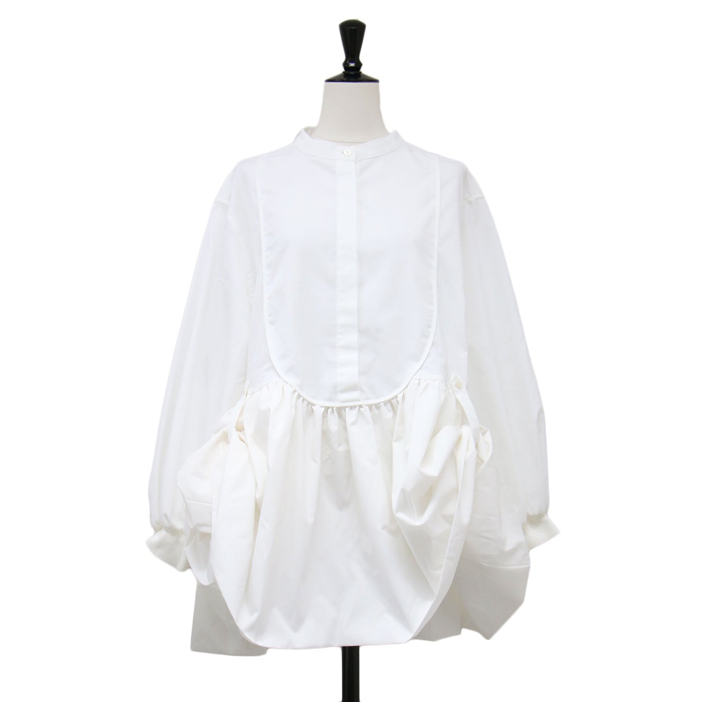 22秋冬 ノーカラー バルーン シャツブラウス / docking balloon shirt tunic チュニック 長袖 フレア タック ギャザー