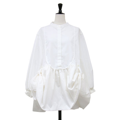 22秋冬 ノーカラー バルーン シャツブラウス / docking balloon shirt tunic チュニック 長袖 フレア タック ギャザー