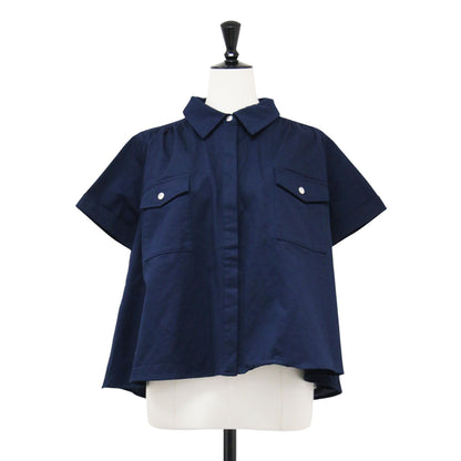 サファリ キルティング ワークシャツ / safari quilting work shirt プルオーバー フレア 半袖 切替え 花柄 凹凸 ステッチ スナップボタン 比翼仕立て 中綿 コットン