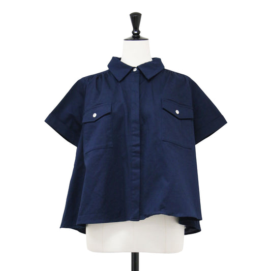 サファリ キルティング ワークシャツ / safari quilting work shirt プルオーバー フレア 半袖 切替え 花柄 凹凸 ステッチ スナップボタン 比翼仕立て 中綿 コットン