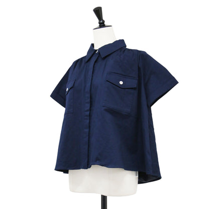 サファリ キルティング ワークシャツ / safari quilting work shirt プルオーバー フレア 半袖 切替え 花柄 凹凸 ステッチ スナップボタン 比翼仕立て 中綿 コットン