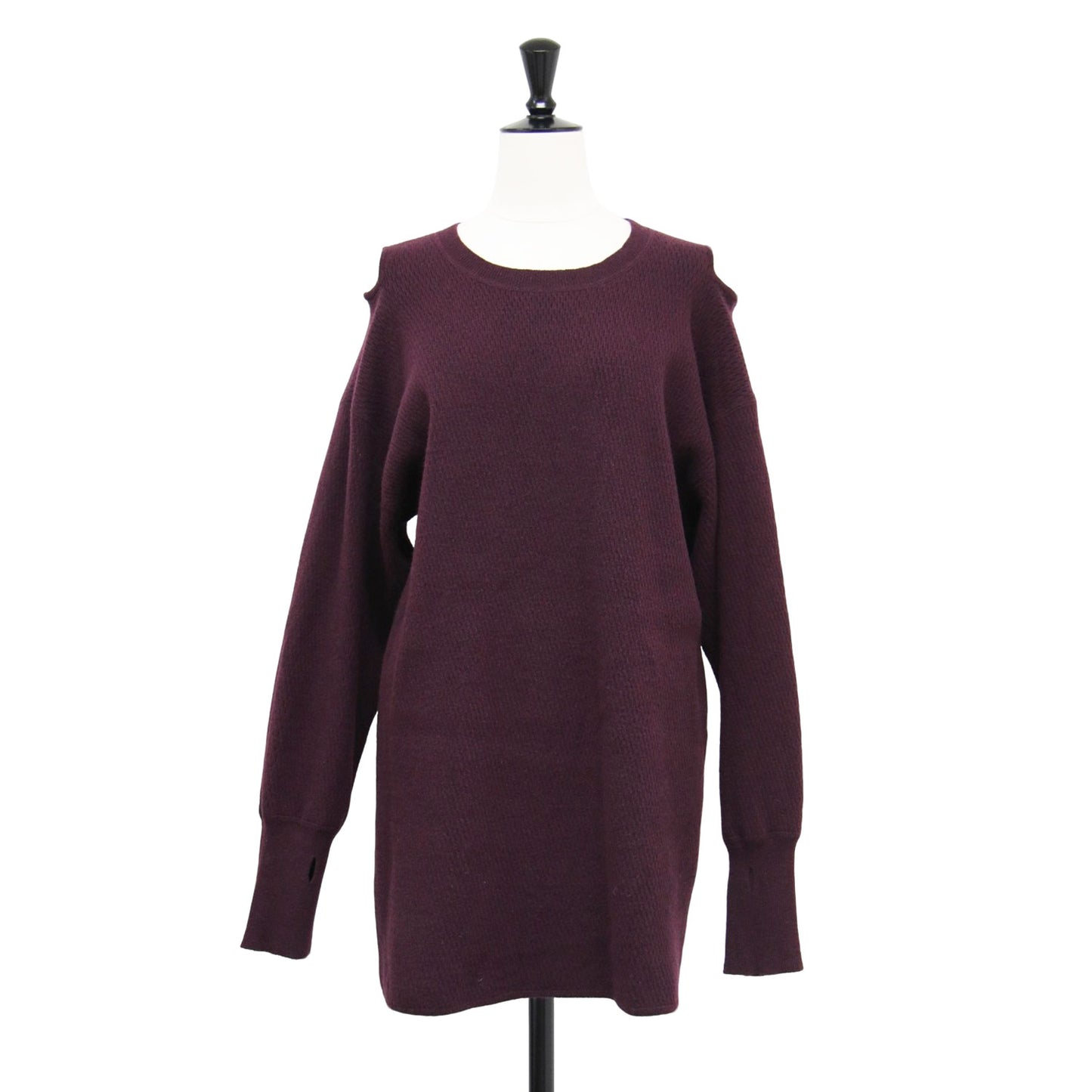 オープンショルダー クルーネック プルオーバー / SHOULDER 2HOLE KNIT ニット 長袖 チュニック丈 フィンガーホール ウール