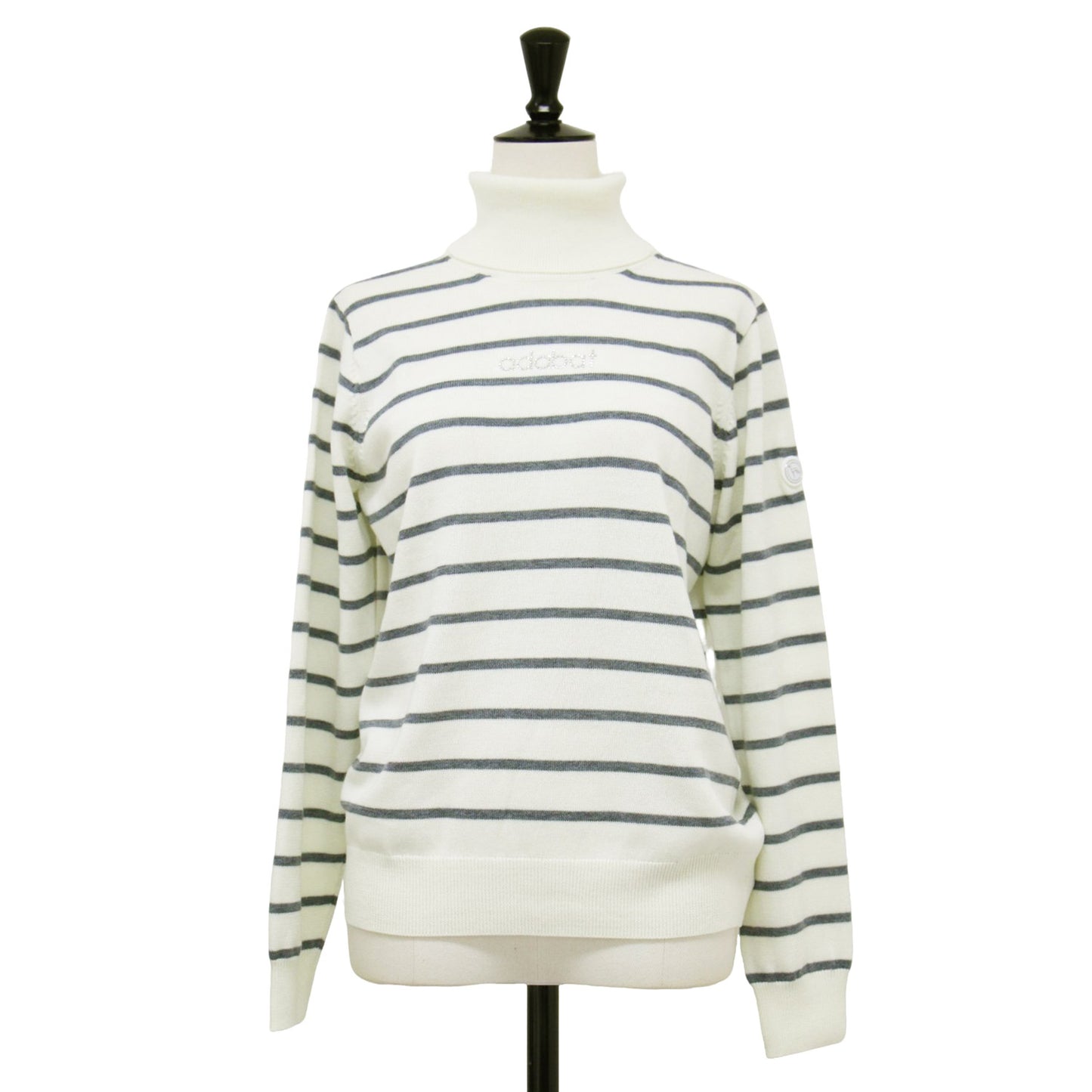 24秋冬 ボーダーデザイン ハイネック 長袖 セーター / ニット プルオーバー リブ ロゴ ラインストーン