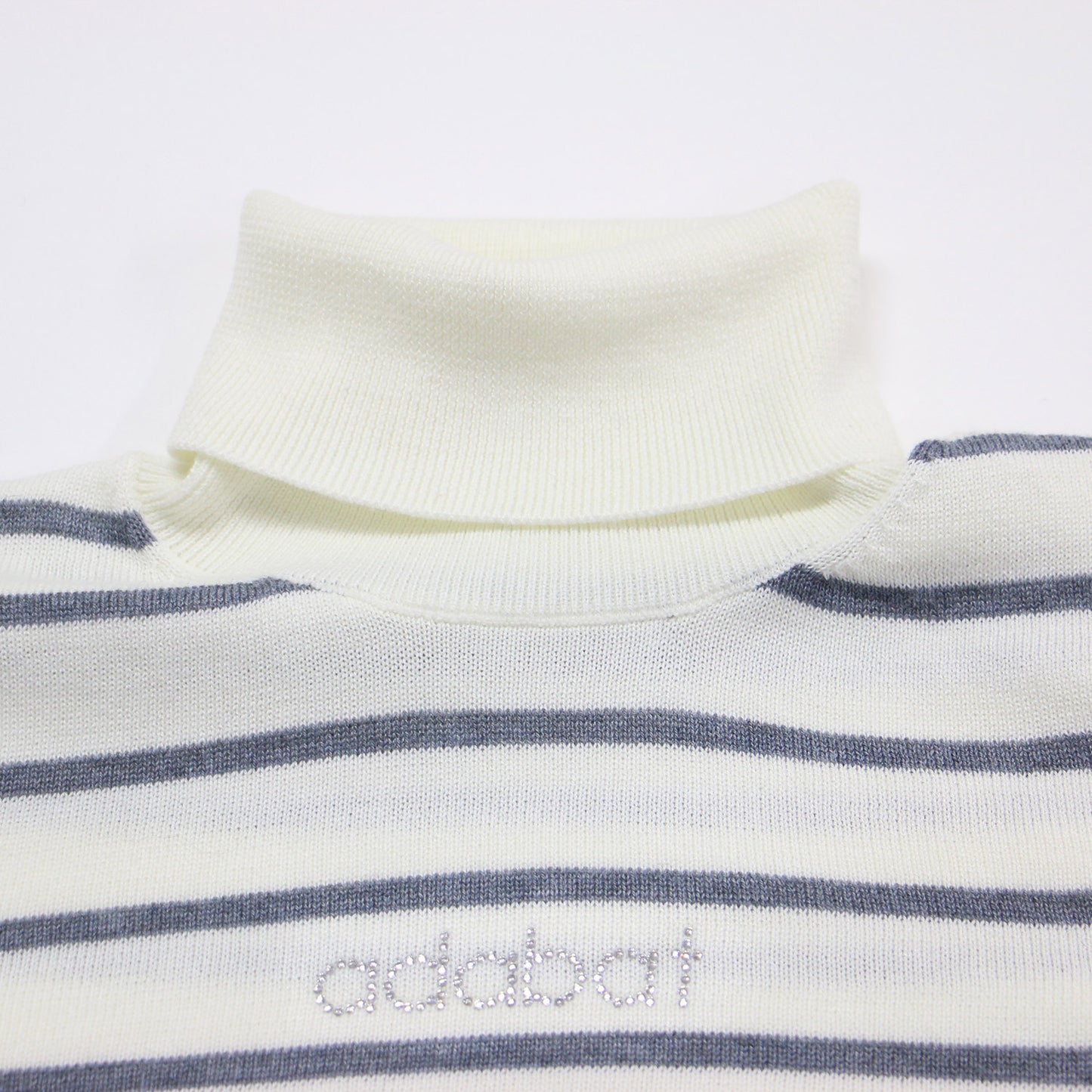 24秋冬 ボーダーデザイン ハイネック 長袖 セーター / ニット プルオーバー リブ ロゴ ラインストーン