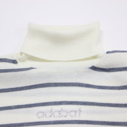 24秋冬 ボーダーデザイン ハイネック 長袖 セーター / ニット プルオーバー リブ ロゴ ラインストーン