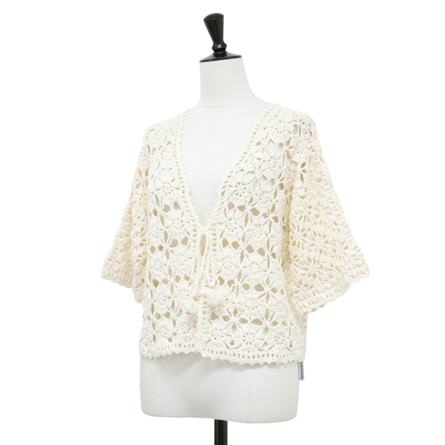 24春夏 モチーフクロシェット ハーフスリーブ カーディガン / コンパクト コットンリネン