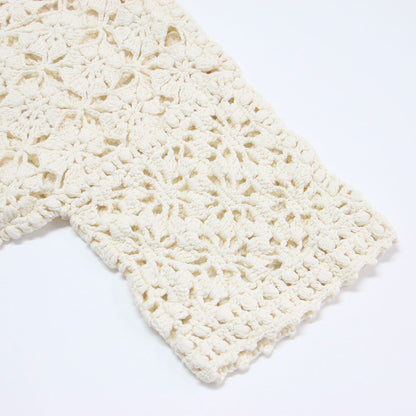 24春夏 モチーフクロシェット ハーフスリーブ カーディガン / コンパクト コットンリネン