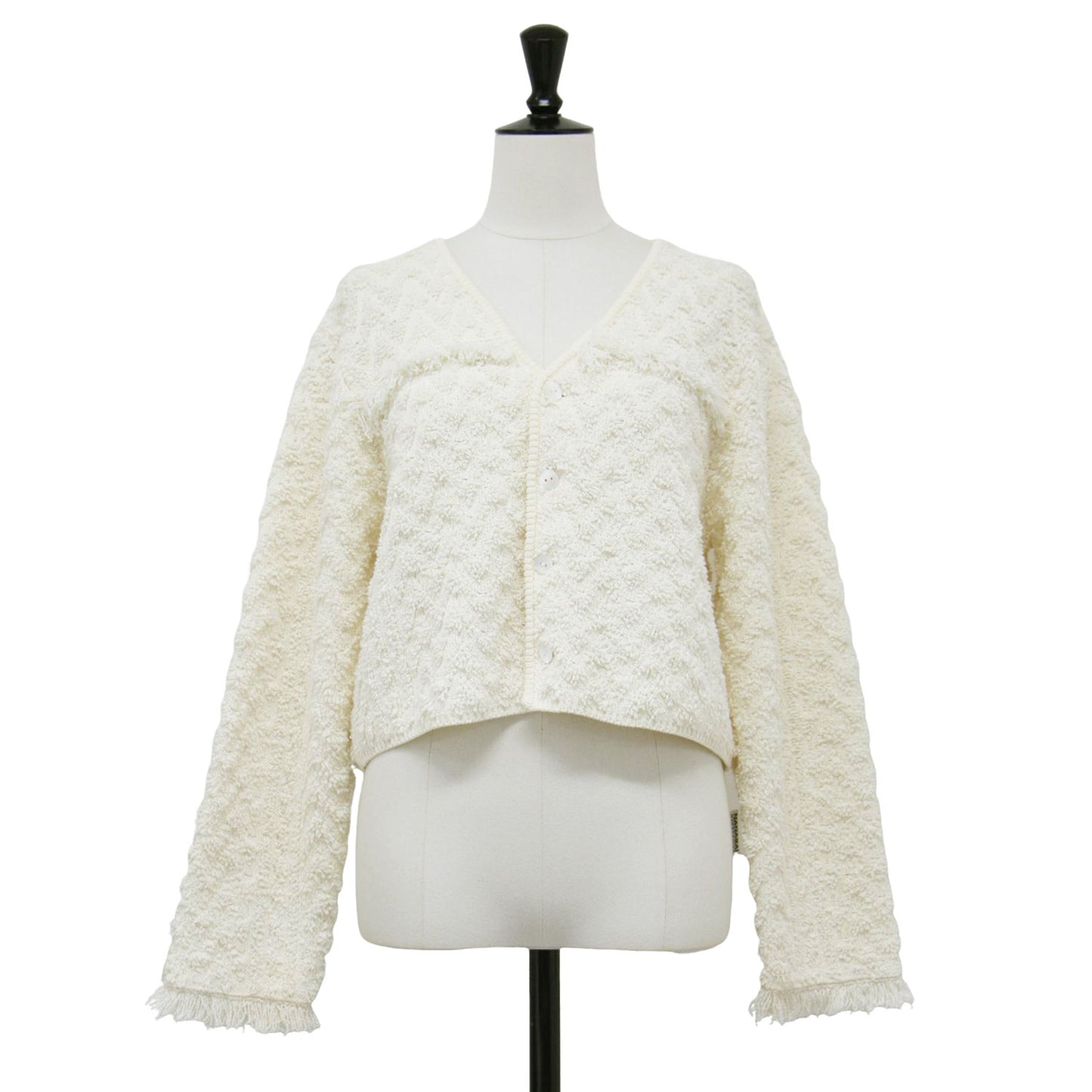 25春夏 パイルジャカード ショート カーディガン / ニット 長袖 コンパクト Vネック ジャガード フリンジ