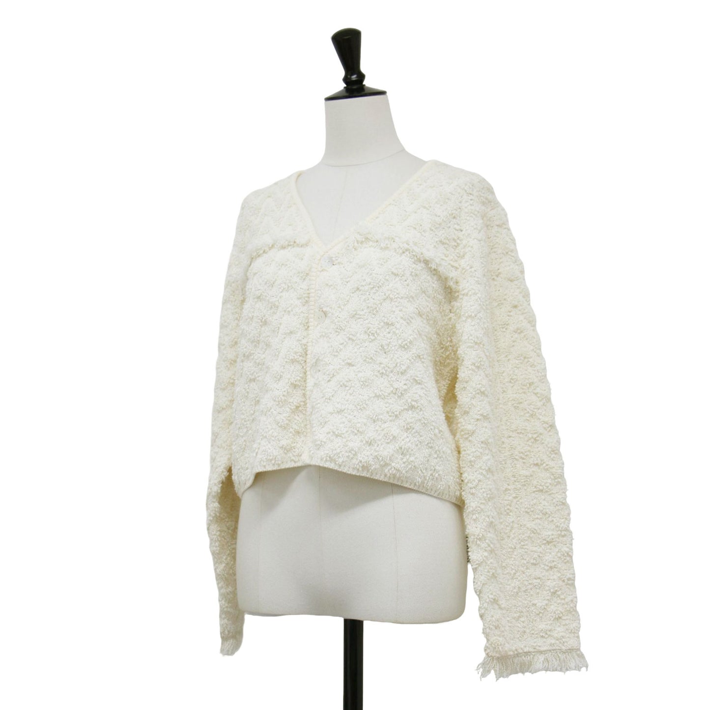 25春夏 パイルジャカード ショート カーディガン / ニット 長袖 コンパクト Vネック ジャガード フリンジ