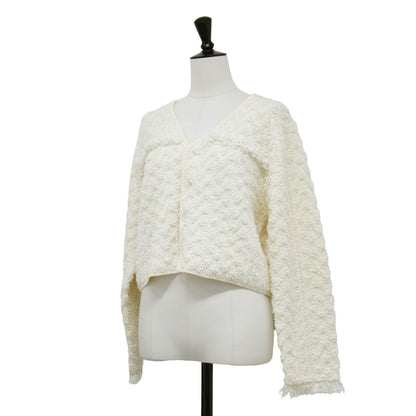 25春夏 パイルジャカード ショート カーディガン / ニット 長袖 コンパクト Vネック ジャガード フリンジ