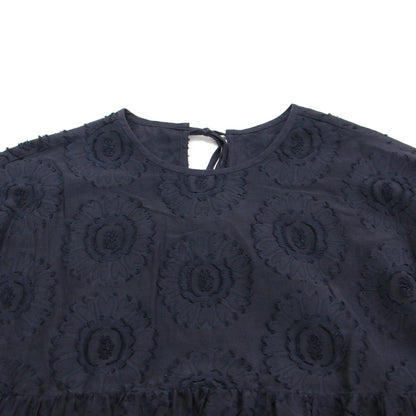 23春夏 サンフラワー ジャカード ラッフルスリーブ ブラウス / プルオーバー 半袖 クルーネック フレア タック コットン シルク