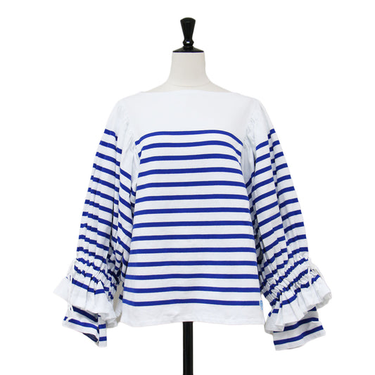 23秋冬 × BEAMS COUTURE ボリュームスリーブBLUE / プルオーバー ボートネック 長袖 ボーダー 刺繍 ドローコード コットン