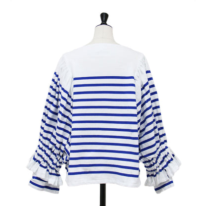 23秋冬 × BEAMS COUTURE ボリュームスリーブBLUE / プルオーバー ボートネック 長袖 ボーダー 刺繍 ドローコード コットン