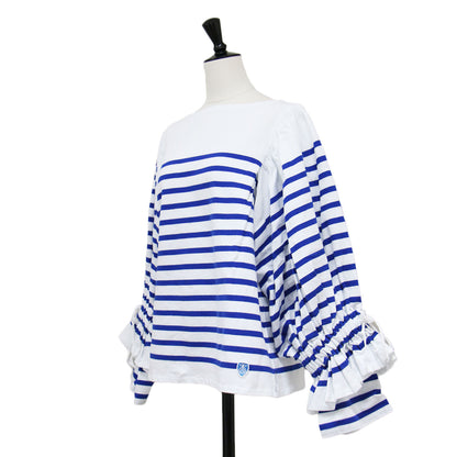 23秋冬 × BEAMS COUTURE ボリュームスリーブBLUE / プルオーバー ボートネック 長袖 ボーダー 刺繍 ドローコード コットン