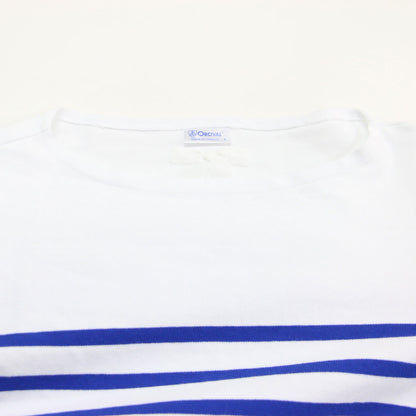 23秋冬 × BEAMS COUTURE ボリュームスリーブBLUE / プルオーバー ボートネック 長袖 ボーダー 刺繍 ドローコード コットン