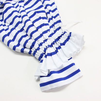 23秋冬 × BEAMS COUTURE ボリュームスリーブBLUE / プルオーバー ボートネック 長袖 ボーダー 刺繍 ドローコード コットン