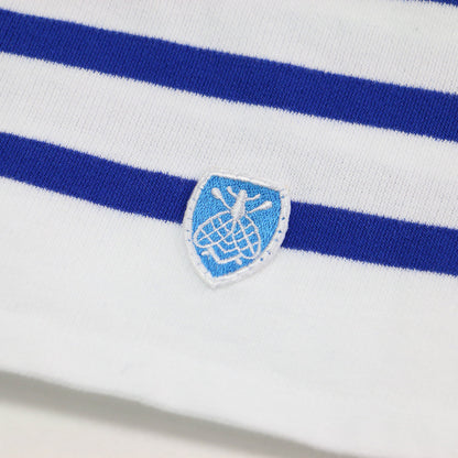 23秋冬 × BEAMS COUTURE ボリュームスリーブBLUE / プルオーバー ボートネック 長袖 ボーダー 刺繍 ドローコード コットン