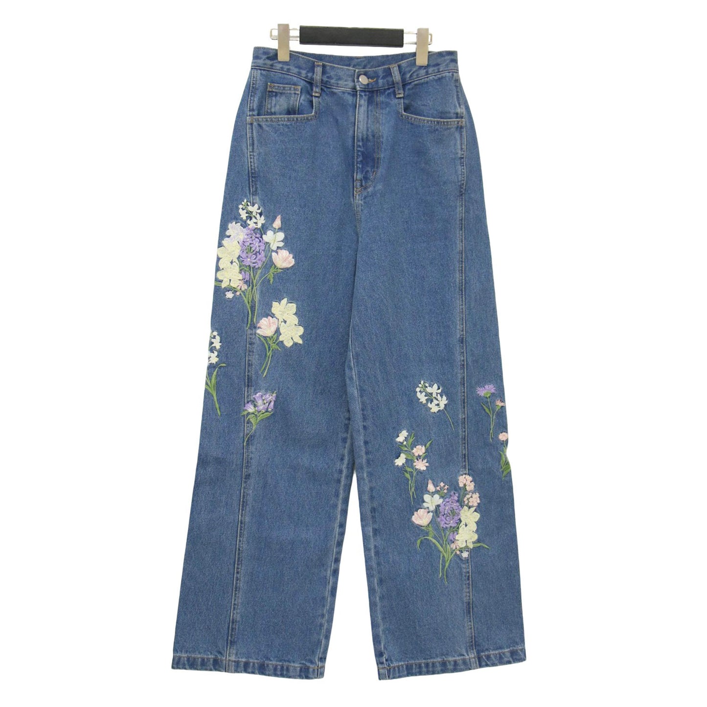 25春夏 フラワー エンブロイダリー デニム パンツ / ワイドパンツ ハイウエスト ストレート 花柄 刺繍 コットン
