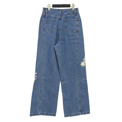 25春夏 フラワー エンブロイダリー デニム パンツ / ワイドパンツ ハイウエスト ストレート 花柄 刺繍 コットン