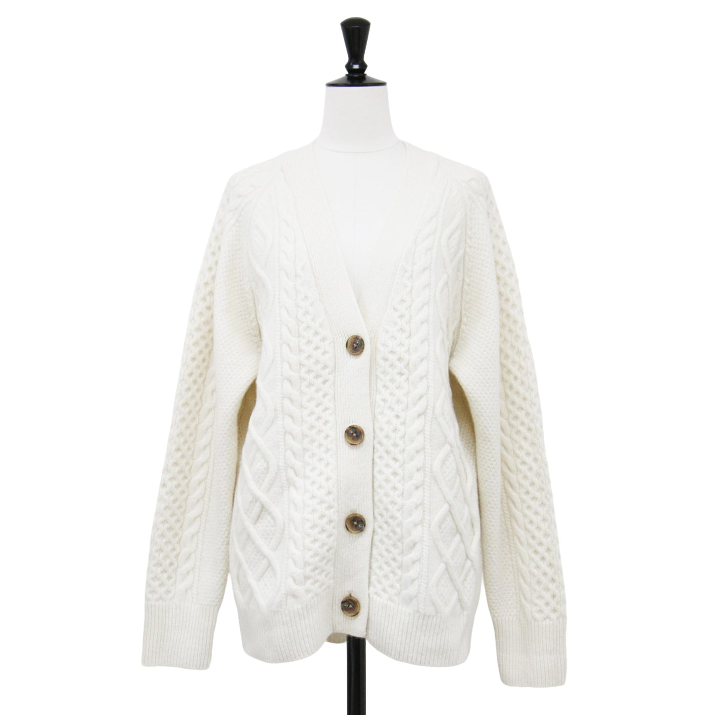 21秋冬 アランパターン ニット カーディガン / 長袖 Vネック ケーブル編み オーバーサイズ ウール