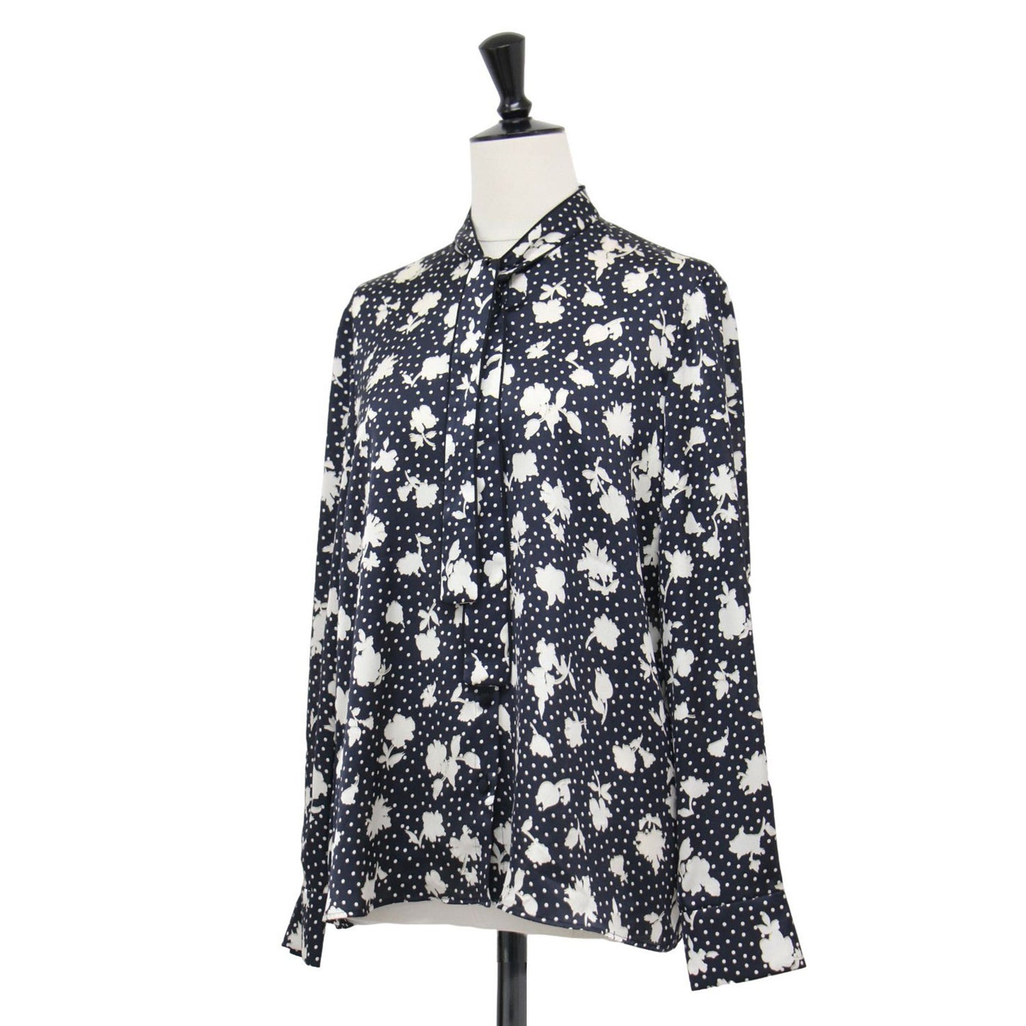 20春夏 シャドーフラワー タイブラウス / シャツ 長袖 ドット リボン くるみボタン ラウンドヘム