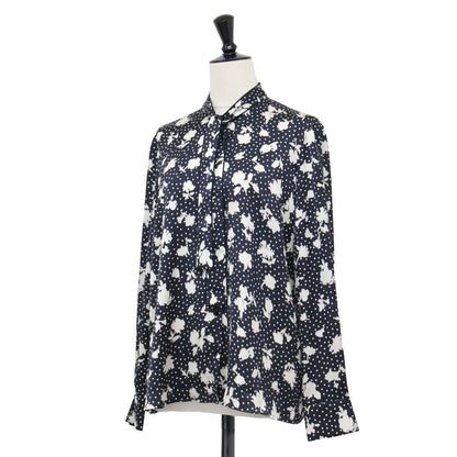 20春夏 シャドーフラワー タイブラウス / シャツ 長袖 ドット リボン くるみボタン ラウンドヘム