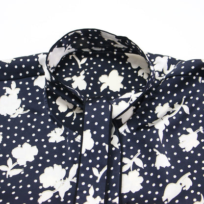 20春夏 シャドーフラワー タイブラウス / シャツ 長袖 ドット リボン くるみボタン ラウンドヘム