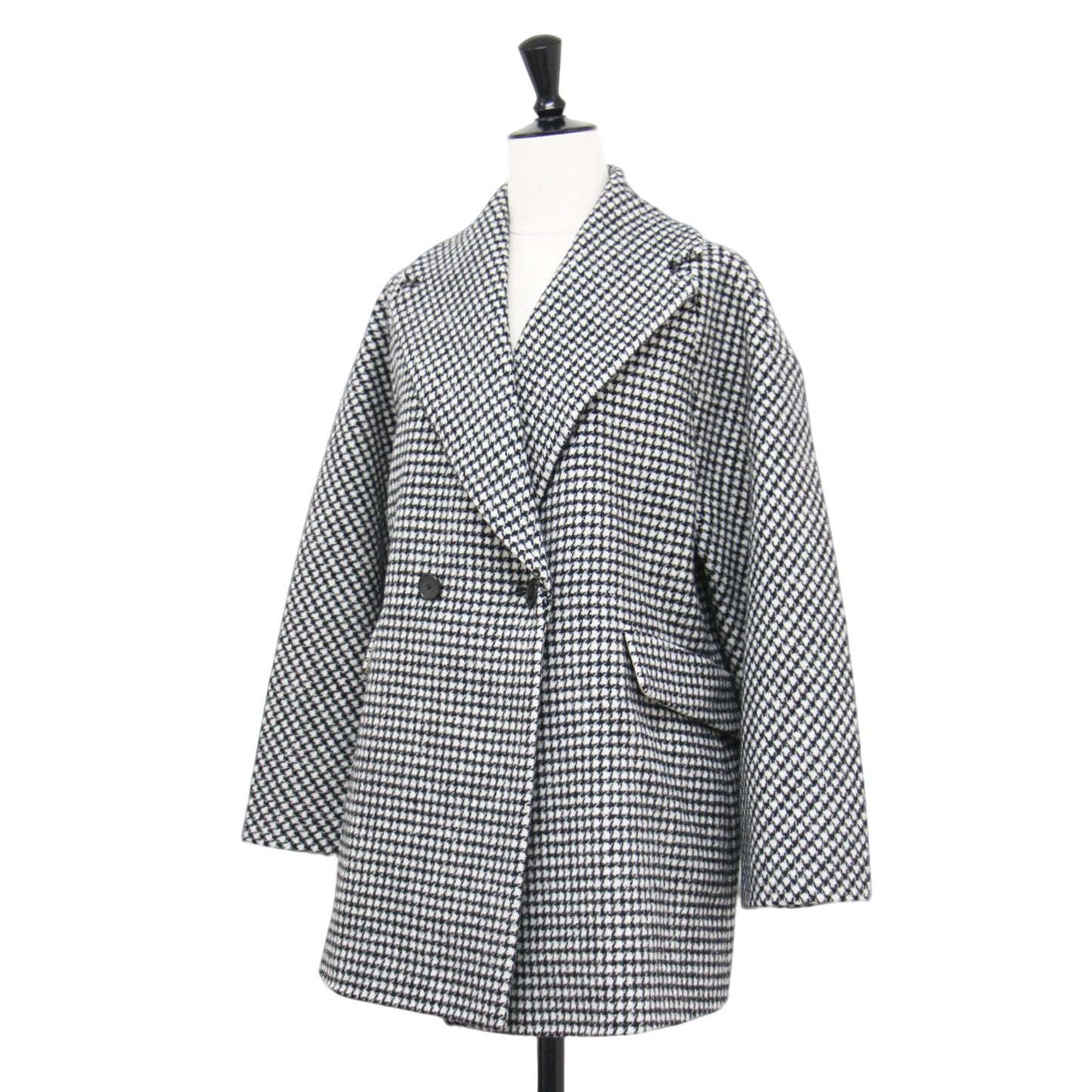 22秋冬 ウール カシミヤ ハウンドトゥース ビッグカラー ショートコート / ジャケット 長袖 オーバーサイズ 千鳥柄