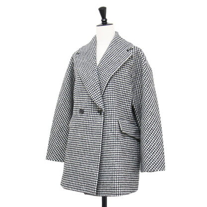 22秋冬 ウール カシミヤ ハウンドトゥース ビッグカラー ショートコート / ジャケット 長袖 オーバーサイズ 千鳥柄
