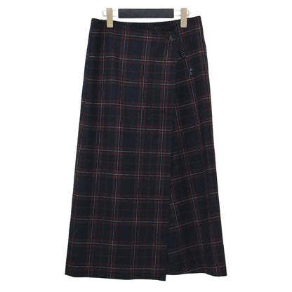 ウール ストレッチ 3WAY ラップ風スカート / タイトスカート ミディ丈 チェック柄