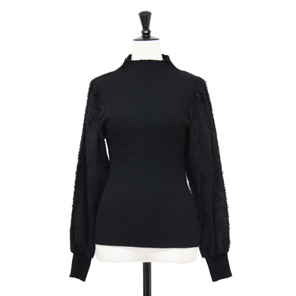 21秋冬 袖ボリューム リブ プルオーバー / ニット 長袖 フリルネック シャギー ストレッチ