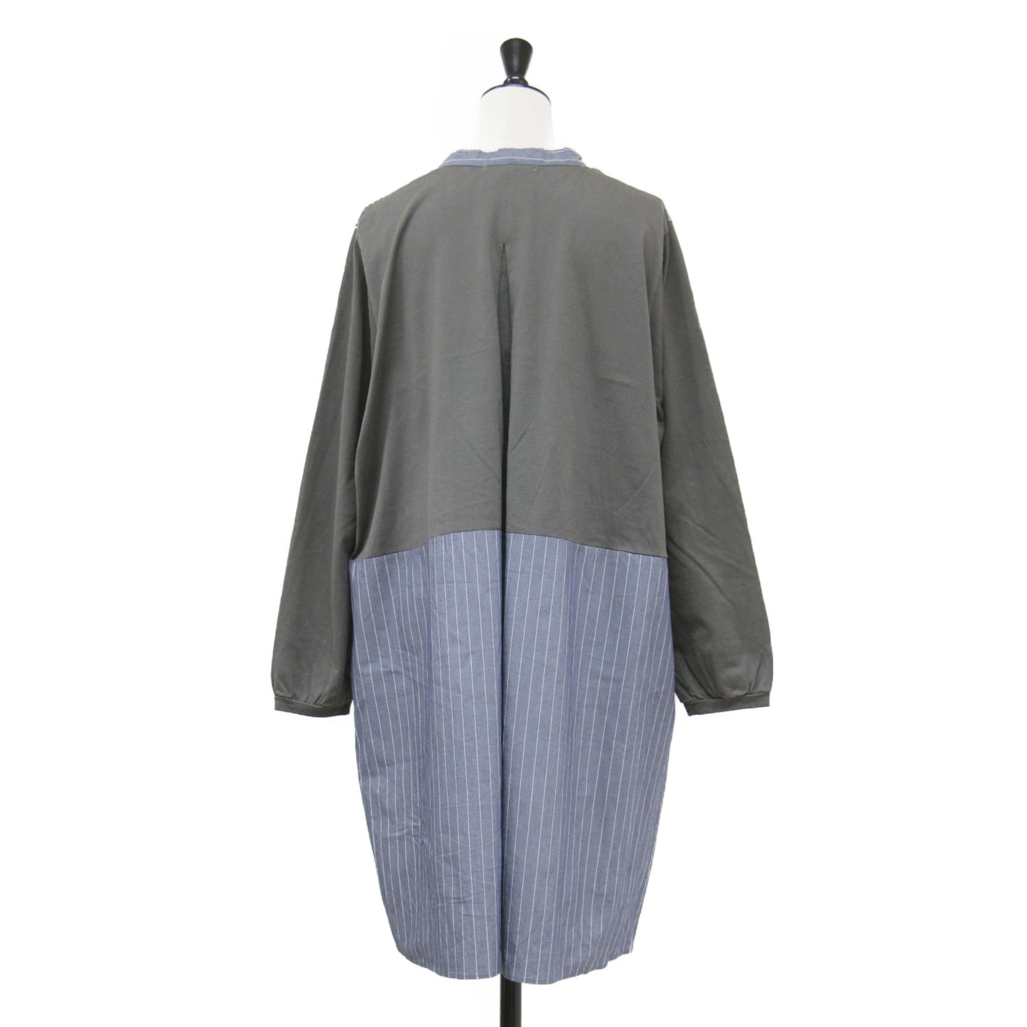 ストライプ パッチワーク バンドカラー チュニックシャツ / ブラウス 長袖 ロング丈 バンドカラー ワイドシルエット 切替 スリット コットン ウール