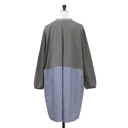 ストライプ パッチワーク バンドカラー チュニックシャツ / ブラウス 長袖 ロング丈 バンドカラー ワイドシルエット 切替 スリット コットン ウール