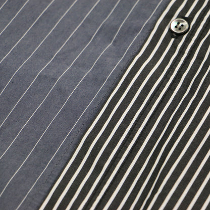 ストライプ パッチワーク バンドカラー チュニックシャツ / ブラウス 長袖 ロング丈 バンドカラー ワイドシルエット 切替 スリット コットン ウール