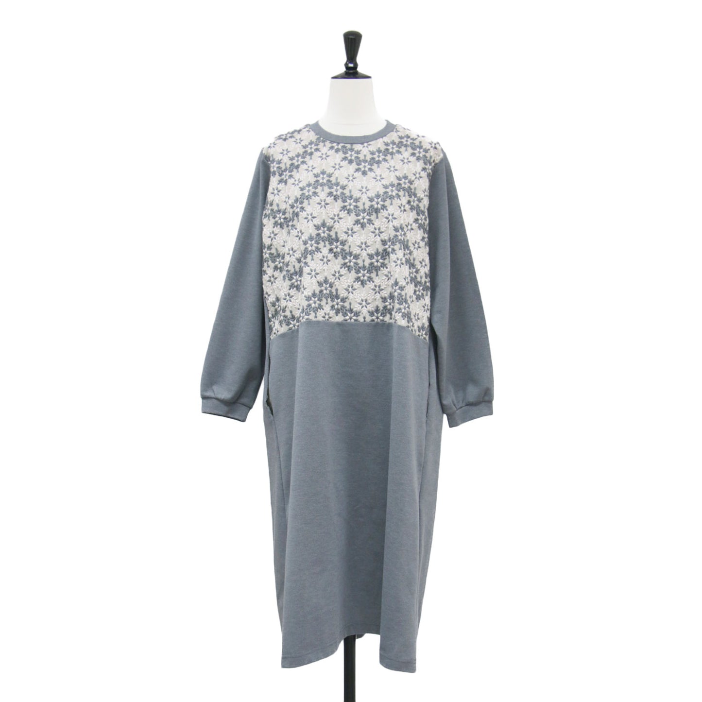 刺繍切替 ワンピース / ドレス 長袖 ロング丈 ラウンドネック Aライン 刺繍デザイン 異素材切替 コットン ウール