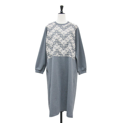 刺繍切替 ワンピース / ドレス 長袖 ロング丈 ラウンドネック Aライン 刺繍デザイン 異素材切替 コットン ウール