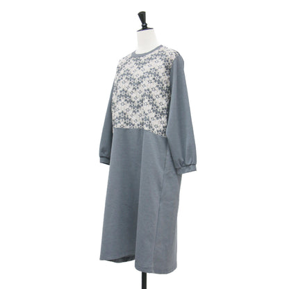 刺繍切替 ワンピース / ドレス 長袖 ロング丈 ラウンドネック Aライン 刺繍デザイン 異素材切替 コットン ウール