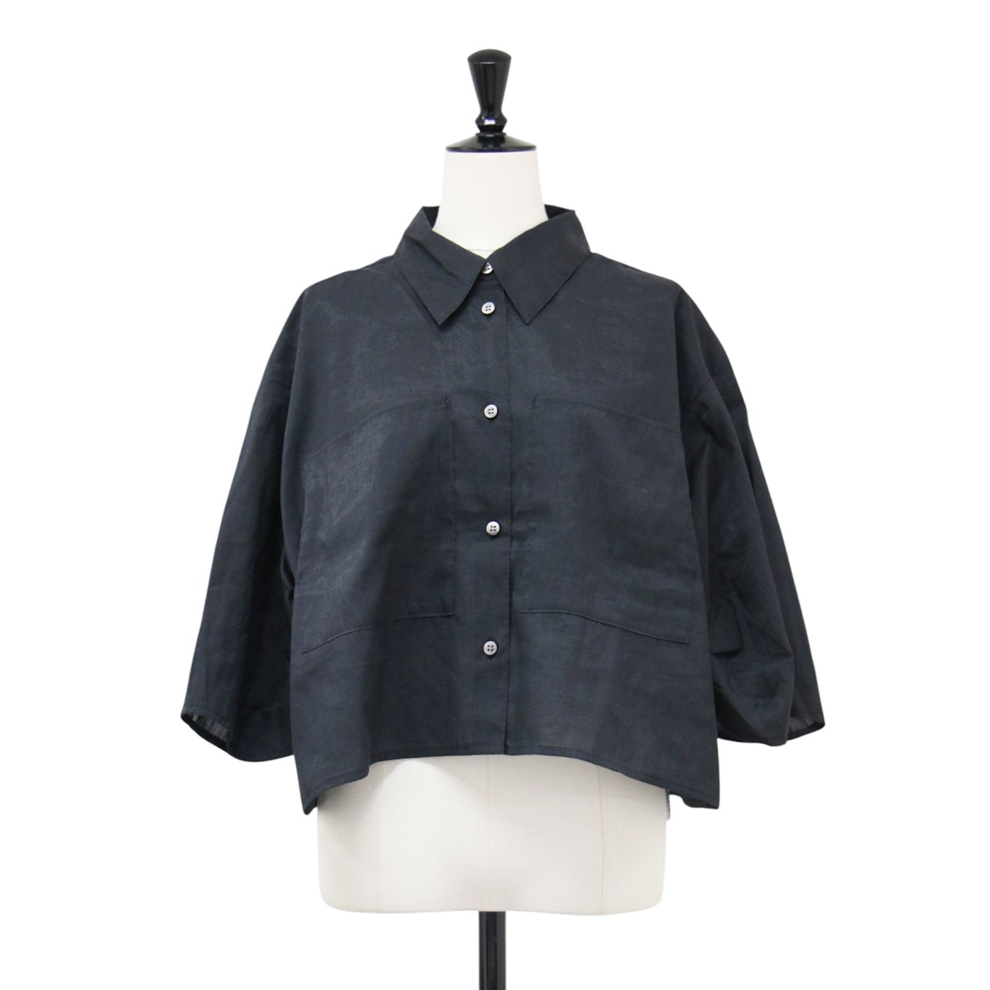 25春夏 リネンミックス クロップドシャツ / ブラウス 7分袖 ドロップショルダー ワイド ボリュームスリーブ ウォッシャブル
