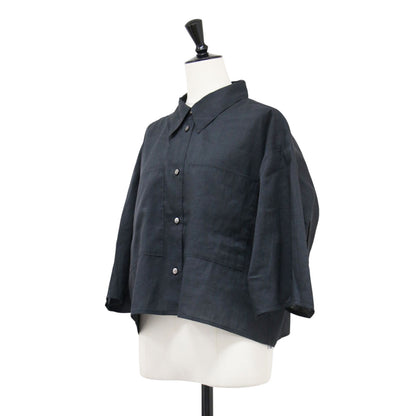 25春夏 リネンミックス クロップドシャツ / ブラウス 7分袖 ドロップショルダー ワイド ボリュームスリーブ ウォッシャブル