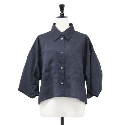 25春夏 リネンミックス クロップドシャツ / ブラウス 7分袖 ドロップショルダー ワイド ボリュームスリーブ