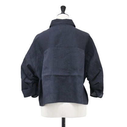 25春夏 リネンミックス クロップドシャツ / ブラウス 7分袖 ドロップショルダー ワイド ボリュームスリーブ