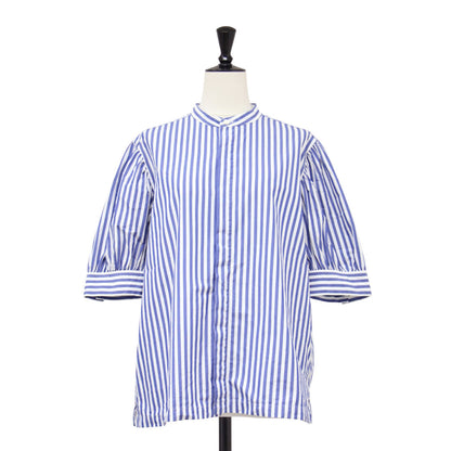 ストライプ ギャザースリーブ シャツ / Stripe Gathered Sleeve Shirt ブラウス 半袖 バンドカラー コットン