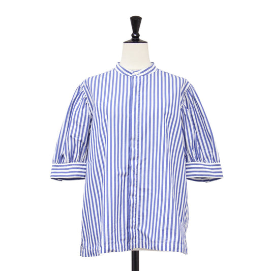 ストライプ ギャザースリーブ シャツ / Stripe Gathered Sleeve Shirt ブラウス 半袖 バンドカラー コットン