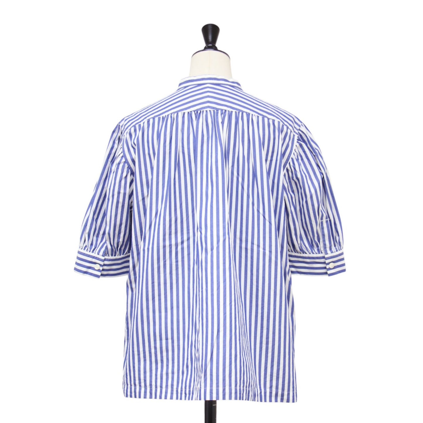ストライプ ギャザースリーブ シャツ / Stripe Gathered Sleeve Shirt ブラウス 半袖 バンドカラー コットン