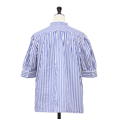 ストライプ ギャザースリーブ シャツ / Stripe Gathered Sleeve Shirt ブラウス 半袖 バンドカラー コットン